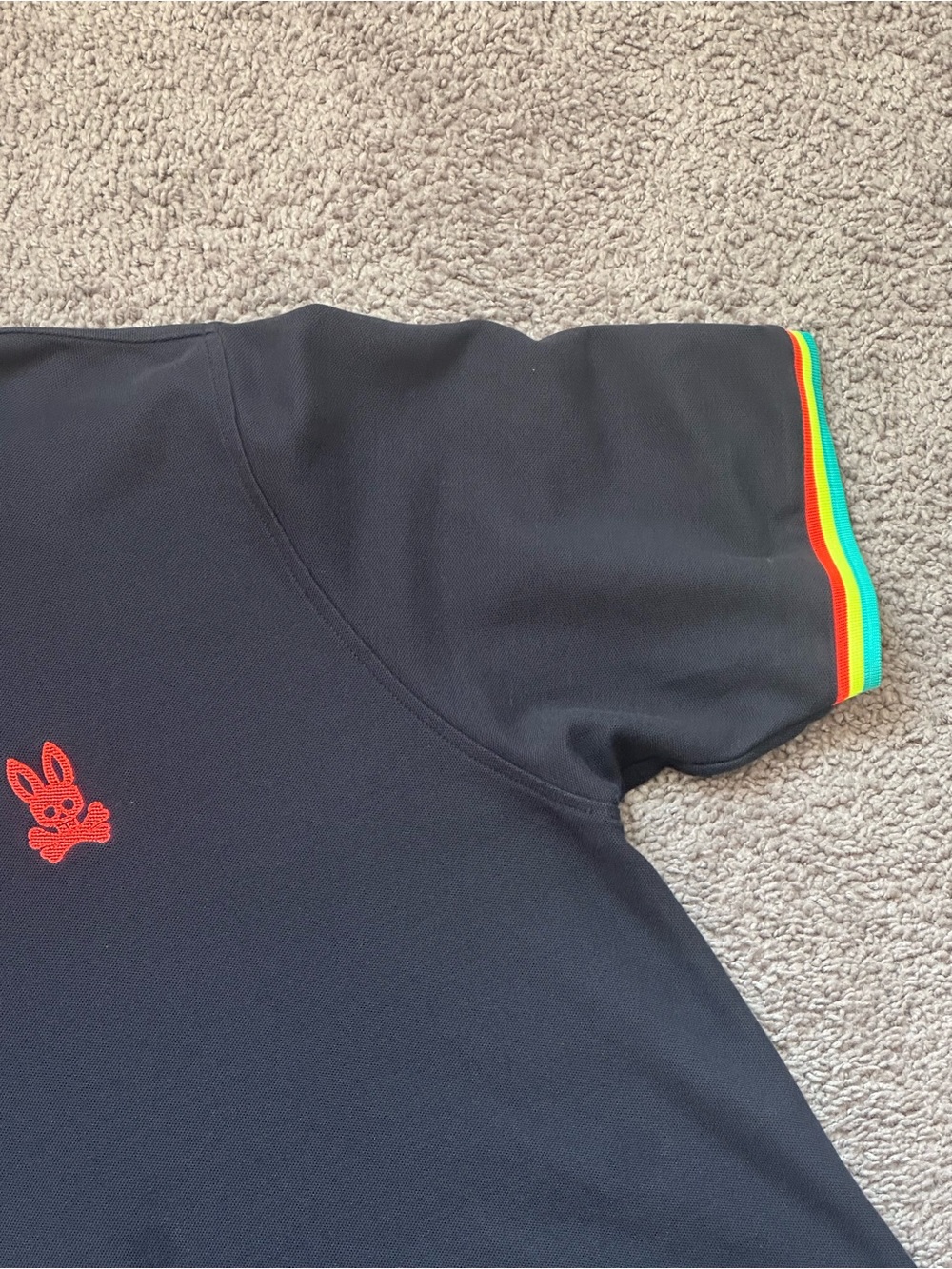 Psycho Bunny Navy Polo with Red Logo and Rainbow Sleeve Trim - Picture 3 of 10